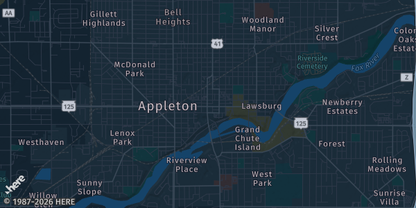 Map of Appleton, WI. The exact address of Hilton Appleton Paper Valley is not known, so the map shows the area rather than a specific building.