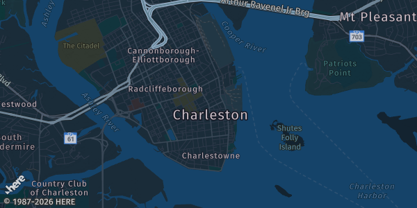 Map of Charleston, SC. The exact address of Embassy Suites Convention Center is not known, so the map shows the area rather than a specific building.