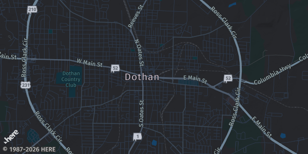 Map of Dothan, AL. The exact address of Dothan Civic Center is not known, so the map shows the area rather than a specific building.