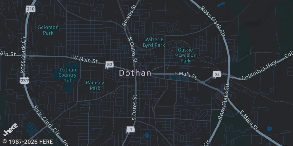 Map of Dothan, AL. The exact address of Dothan Civic Center is not known, so the map shows the area rather than a specific building.