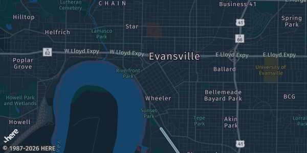 Map of Evansville, IN. The exact address of Doubletree Evansville is not known, so the map shows the area rather than a specific building.