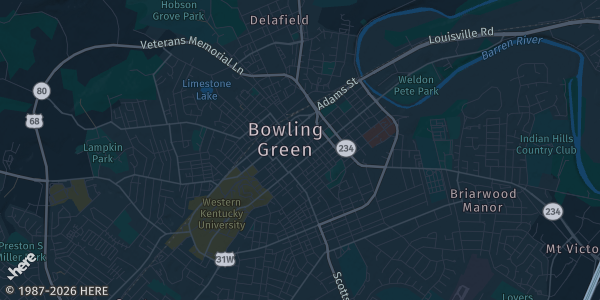 Map of Bowling Green, KY. The exact address of National Corvette Museum CONVENTION CENTER is not known, so the map shows the area rather than a specific building.