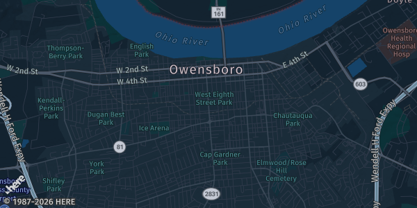 Map of Owensboro, KY. The exact address of Owensboro Convention Center is not known, so the map shows the area rather than a specific building.