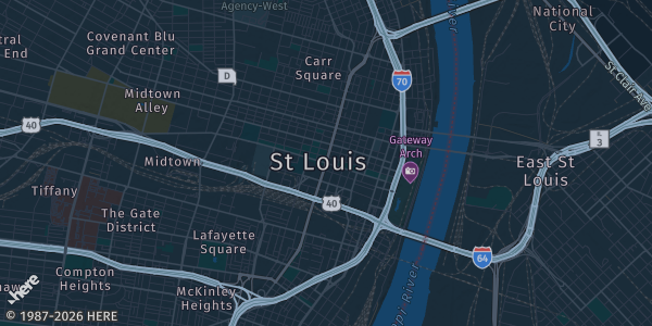 Map of St.louis, MO. The exact address of Radisson Downtown St.louis Convention Center is not known, so the map shows the area rather than a specific building.
