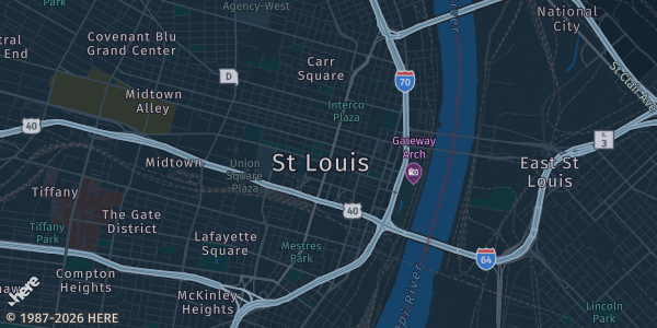 Map of St.louis, MO. The exact address of Radisson Downtown St.louis Convention Center is not known, so the map shows the area rather than a specific building.