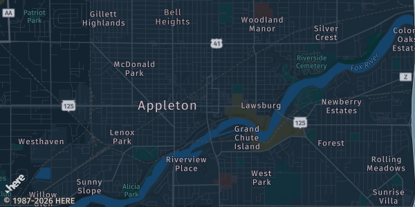 Map of Appleton, WI. The exact address of Captol Centre is not known, so the map shows the area rather than a specific building.