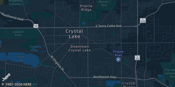Map of Crystal Lake, IL. The exact address of Crystal Lake train station is not known, so the map shows the area rather than a specific building.