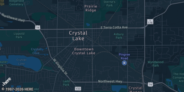 Map of Crystal Lake, IL. The exact address of Crystal Lake train station is not known, so the map shows the area rather than a specific building.