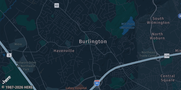 Map of Burlington, MA. The exact address of Hilton Garden Inn Boston-Burlington is not known, so the map shows the area rather than a specific building.