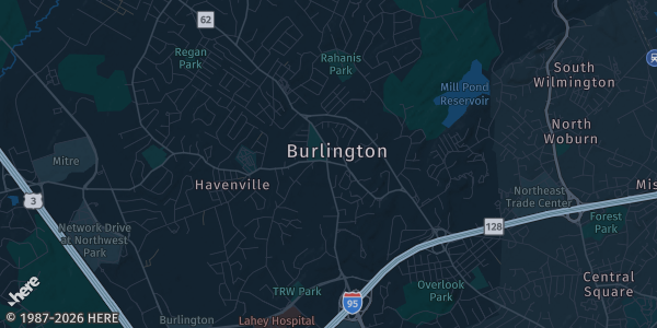Map of Burlington, MA. The exact address of Hilton Garden Inn Boston-Burlington is not known, so the map shows the area rather than a specific building.
