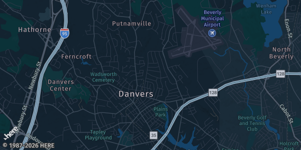 Map of Danvers, MA. The exact address of Doubletree by Hilton is not known, so the map shows the area rather than a specific building.