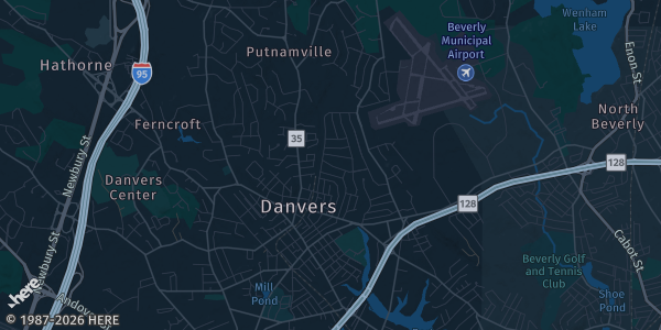 Map of Danvers, MA. The exact address of Doubletree by Hilton is not known, so the map shows the area rather than a specific building.