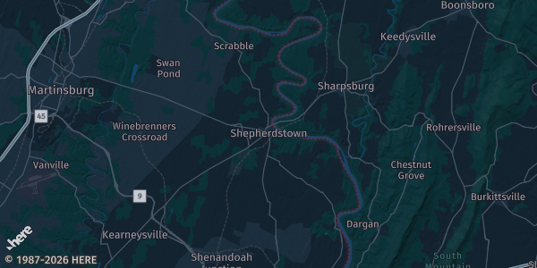 Map of Shepherdstown, WV. The exact address of Rumsey Tavern - Shepherdstown is not known, so the map shows the area rather than a specific building.