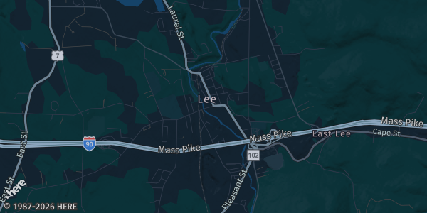 Map of Lee, MA. The exact address of Vendor Space Building 420 is not known, so the map shows the area rather than a specific building.