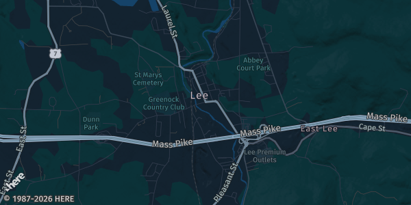 Map of Lee, MA. The exact address of Vendor Space Building 420 is not known, so the map shows the area rather than a specific building.