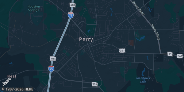 Map of Perry, GA. The exact address of Georgia National Fairgrounds is not known, so the map shows the area rather than a specific building.