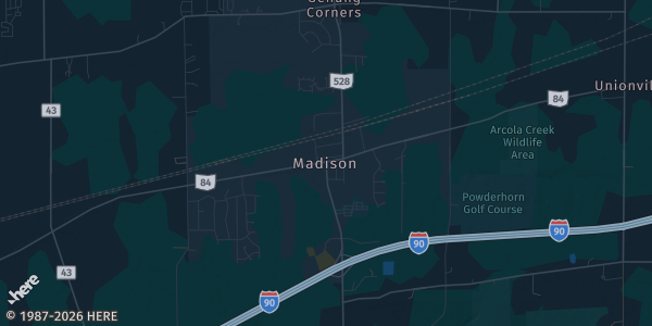 Map of Madison, OH. The exact address of Madison Combined Martial Arts is not known, so the map shows the area rather than a specific building.