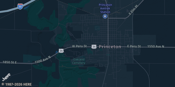 Map of Princeton, IL. The exact address of Bureau County Fairgrounds is not known, so the map shows the area rather than a specific building.