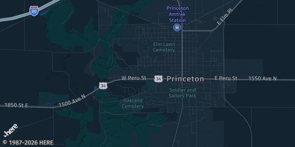 Map of Princeton, IL. The exact address of Bureau County Fairgrounds is not known, so the map shows the area rather than a specific building.