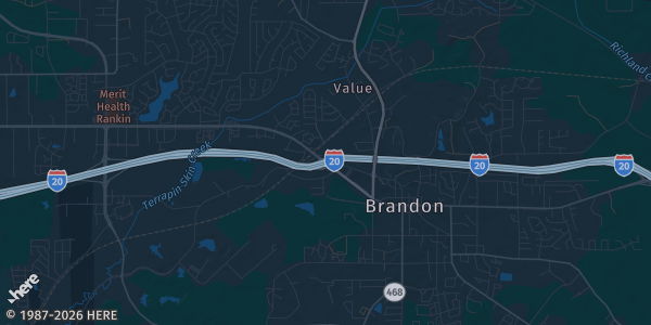 Map of Brandon, MS. The exact address of Brandon Public Library is not known, so the map shows the area rather than a specific building.