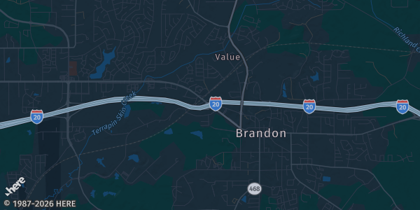 Map of Brandon, MS. The exact address of Brandon Public Library is not known, so the map shows the area rather than a specific building.
