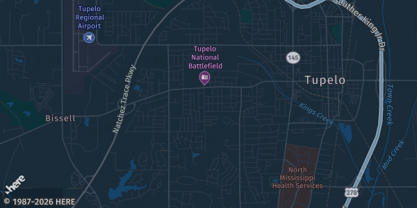 Map of Tupelo, MS. The exact address of Pokemon & TCG Card Show is not known, so the map shows the area rather than a specific building.
