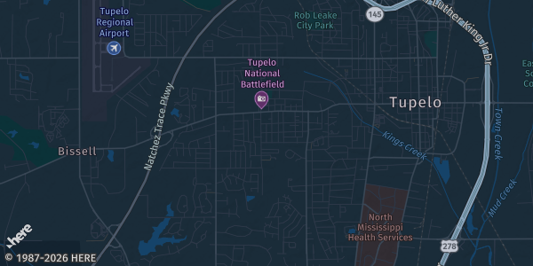 Map of Tupelo, MS. The exact address of Pokemon & TCG Card Show is not known, so the map shows the area rather than a specific building.