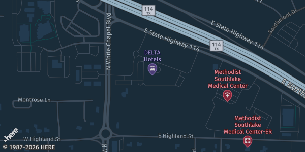 Map showing Delta Hotel in Southlake, TX.
