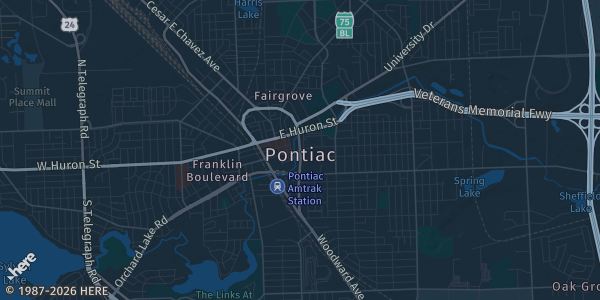 Map of Pontiac, MI. The exact address of UWM Sports Complex is not known, so the map shows the area rather than a specific building.