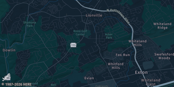 Map of Exton, PA. The exact address of Downingtown East High School is not known, so the map shows the area rather than a specific building.