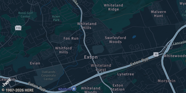 Map of Exton, PA. The exact address of Hilton Garden Inn is not known, so the map shows the area rather than a specific building.