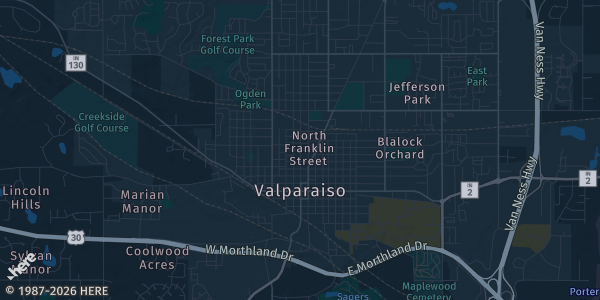 Map of Valparaiso, IN. The exact address of Porter County Sports & Trading Card Show is not known, so the map shows the area rather than a specific building.