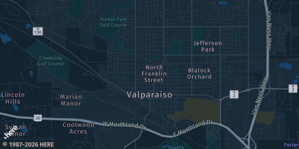 Map of Valparaiso, IN. The exact address of Porter County Sports & Trading Card Show is not known, so the map shows the area rather than a specific building.
