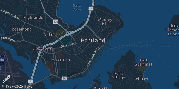 Map of Portland, ME. The exact address of Fireside Inn & Suites Portland is not known, so the map shows the area rather than a specific building.