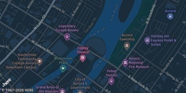 Map showing Hollywood Casino Aurora in Aurora, IL.