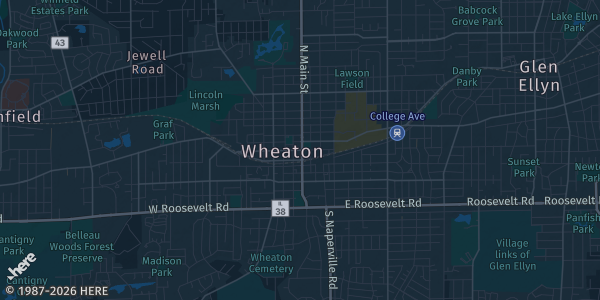 Map of Wheaton, IL. The exact address of Premier Card Shows - DuPage County Fairgrounds is not known, so the map shows the area rather than a specific building.