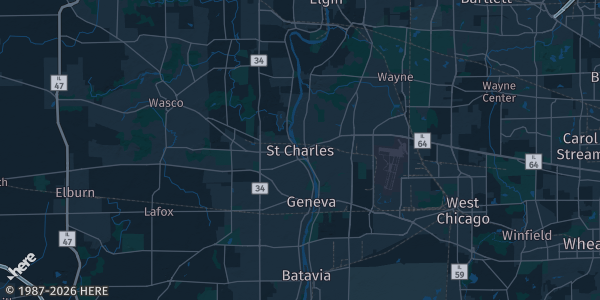 Map of St. Charles, IL. The exact address of Kane County Fairgrounds-Prairie Events Center Building is not known, so the map shows the area rather than a specific building.
