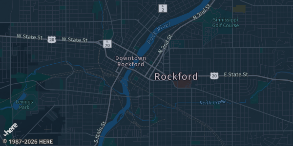 Map of Rockford, IL. The exact address of IBEW 364 Banquet Hall is not known, so the map shows the area rather than a specific building.