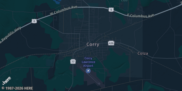 Map of Corry, PA. The exact address of Corry Moose #98 is not known, so the map shows the area rather than a specific building.