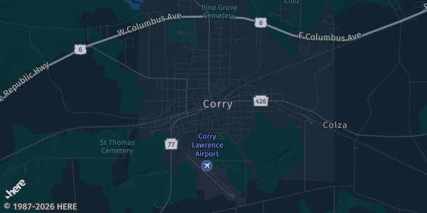 Map of Corry, PA. The exact address of Corry Moose #98 is not known, so the map shows the area rather than a specific building.