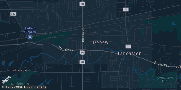 Map of Depew, NY. The exact address of Professor Sam's Pallet Town is not known, so the map shows the area rather than a specific building.