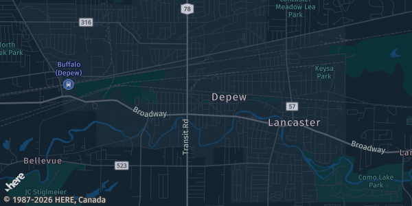 Map of Depew, NY. The exact address of Professor Sam's Pallet Town is not known, so the map shows the area rather than a specific building.
