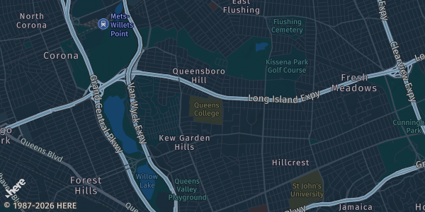 Map of Queens, NY. The exact address of Queens College Dining Hall is not known, so the map shows the area rather than a specific building.