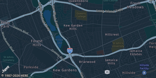 Map of Kew Garden Hills, NY. The exact address of Queens College Dining Hall is not known, so the map shows the area rather than a specific building.