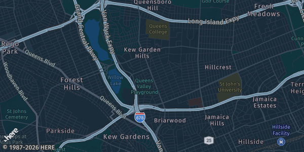 Map of Kew Garden Hills, NY. The exact address of Queens College Dining Hall is not known, so the map shows the area rather than a specific building.