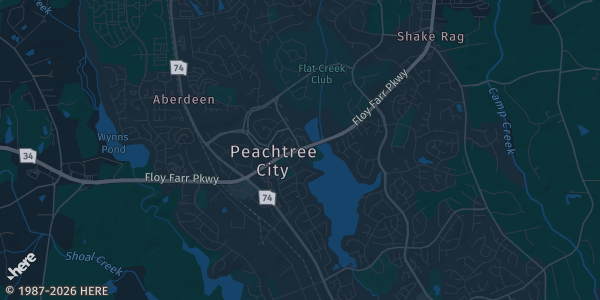 Map of Peachtree City, GA. The exact address of Hilton Peachtree City Atlanta Hotel & Conference Center is not known, so the map shows the area rather than a specific building.