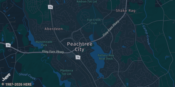 Map of Peachtree City, GA. The exact address of Hilton Peachtree City Atlanta Hotel & Conference Center is not known, so the map shows the area rather than a specific building.