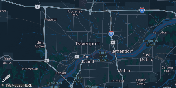 Map of Davenport, IA. The exact address of Rhythm City Casino-Convention Center is not known, so the map shows the area rather than a specific building.