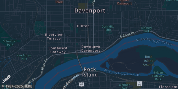 Map of Davenport, IA. The exact address of Quad Con Comic, Toy & TCG Show is not known, so the map shows the area rather than a specific building.