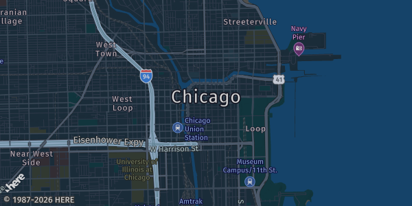 Map of Chicago, IL. The exact address of Gangnam Market is not known, so the map shows the area rather than a specific building.
